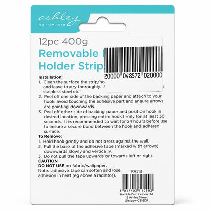 Back packaging of Ashley Housewares Removable Hook Holder Strips