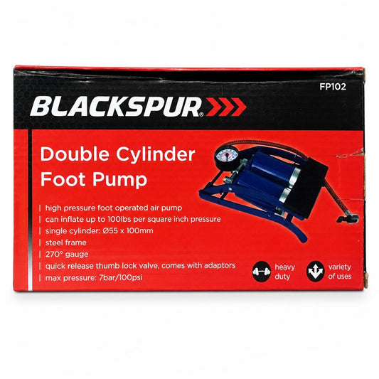Blackspur Double Cylinder Foot Pump packaging
