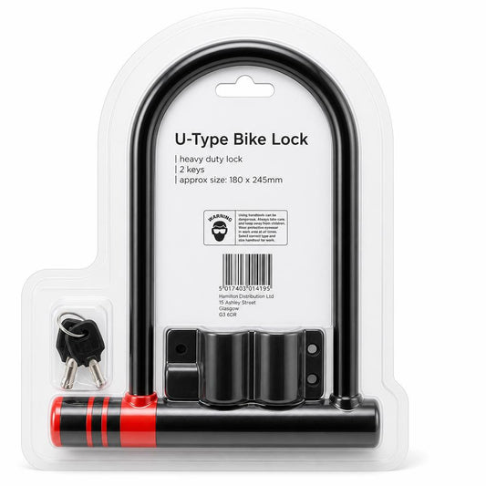 Back view of Blackspur U-Type Bicycle Lock BH214 packaging