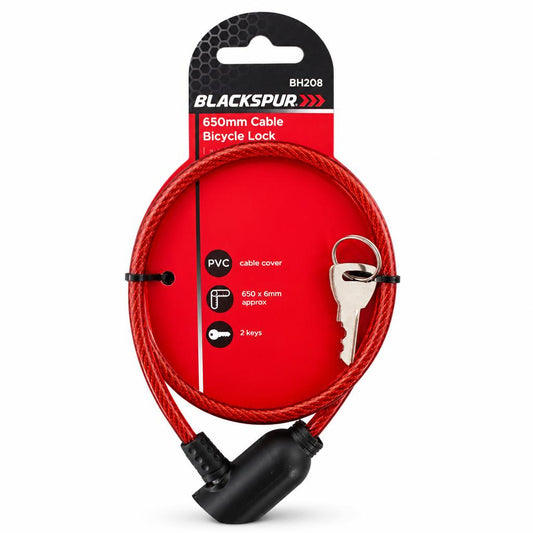 Front view of Blackspur 650mm Cable Bicycle Lock with packaging