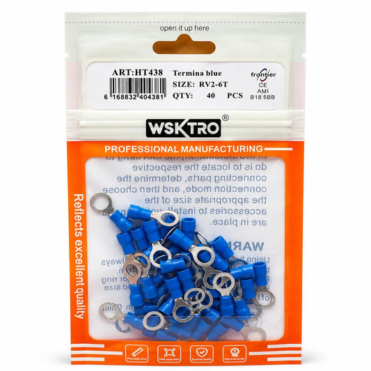 Front view of WSKTRO Terminals RV2-6T Blue 40 Pack