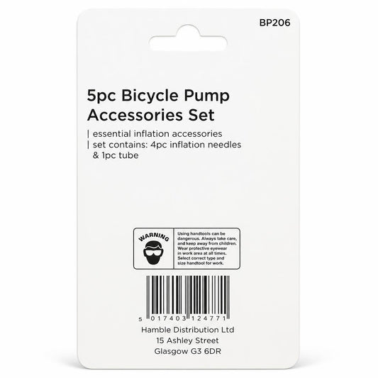 Back of Blackspur 5pc Bicycle Pump Accessories Set packaging with safety information and barcode