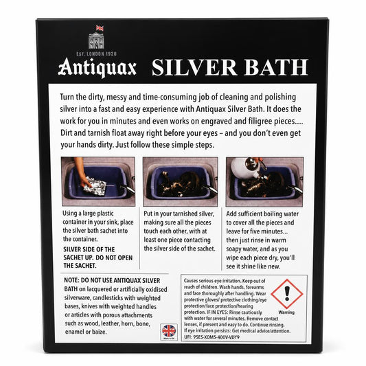 Back view of Antiquax Silver Bath packaging with instructions and safety information