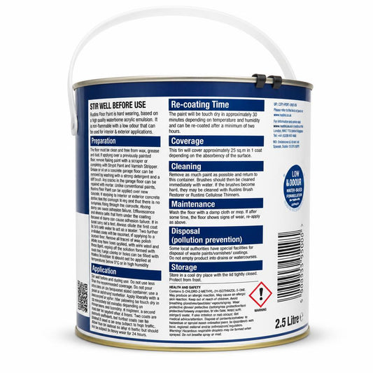 Back of Rustins Floor Paint showing instructions and details