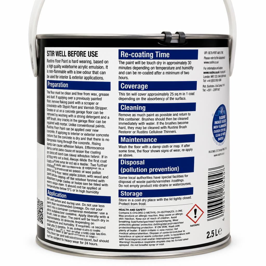 Rustins Quick Dry Floor Paint Black - Back with Instructions