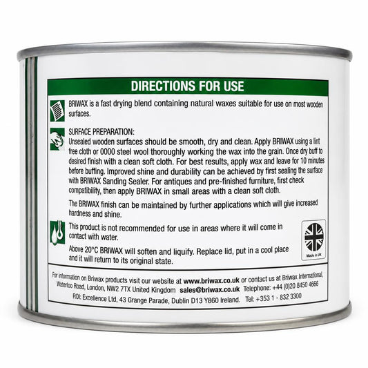 Back view showing instructions on Briwax Natural Wax Clear 400g tin
