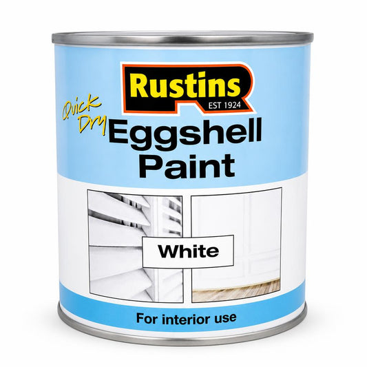 Front view of Rustins Eggshell Paint Quick Dry White tin