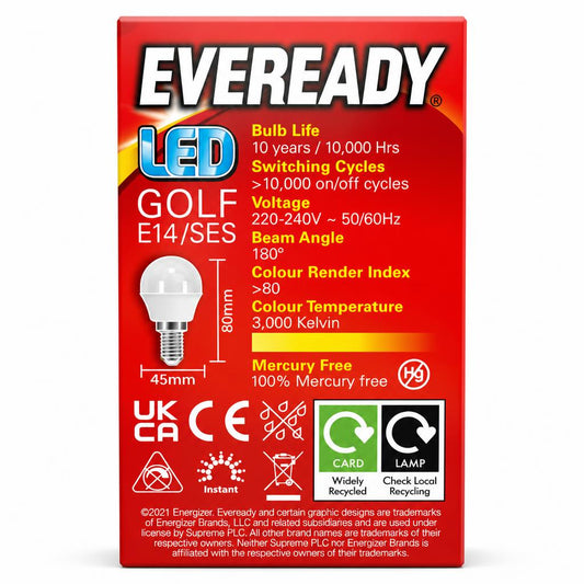 Eveready LED Golf E14 bulb packaging back view