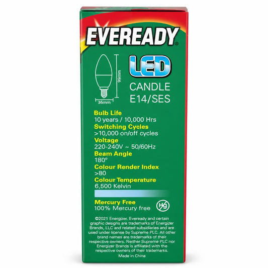 Eveready LED candle light bulb E14 specifications back packaging