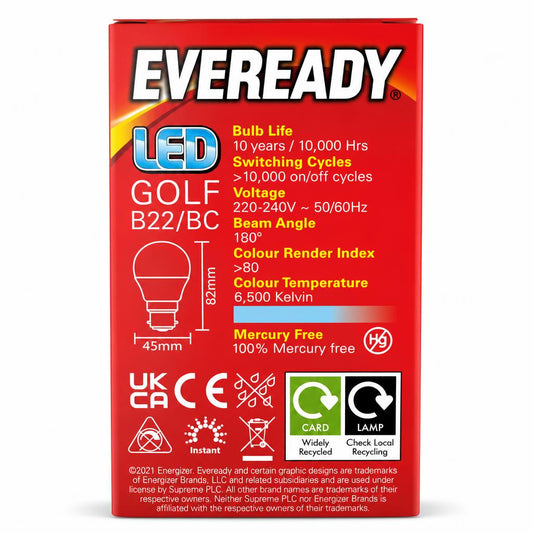 Back packaging of Eveready LED Golf B22 bulb showing specifications