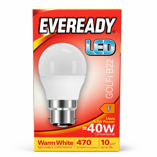 Eveready LED Golf Bulb B22 Warm White packaging front