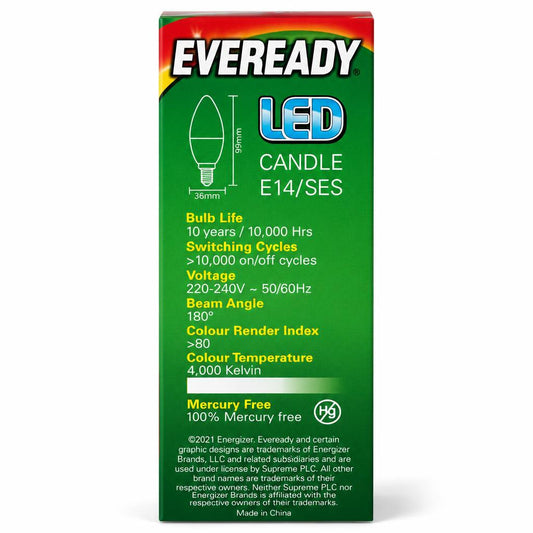 Eveready LED Candle E14 light bulb packaging back view