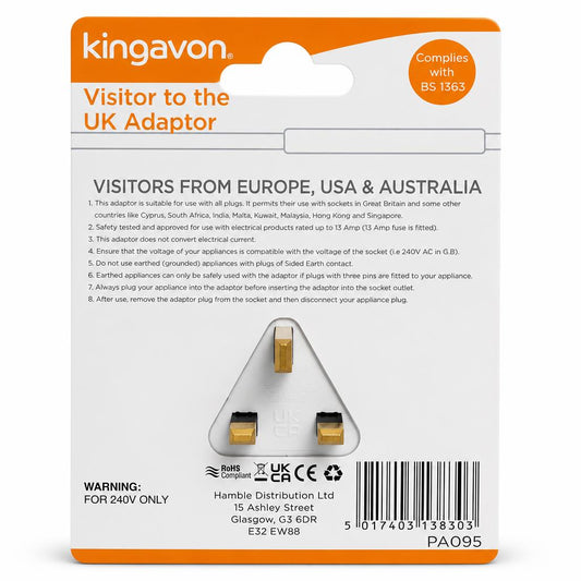Kingavon Visitor to the UK Adaptor packaging back view