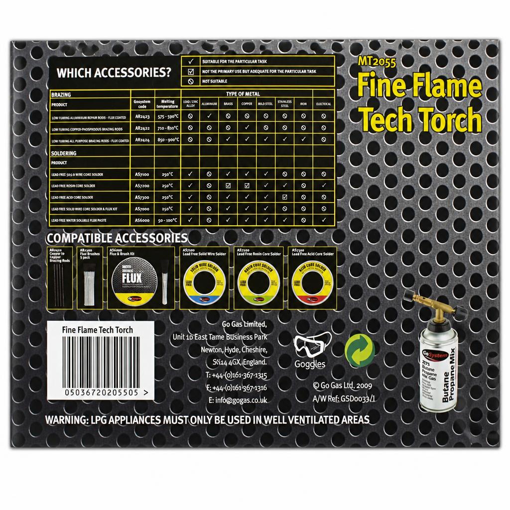 GoSystem Fine Flame Tech Torch MT2055 back packaging with specifications