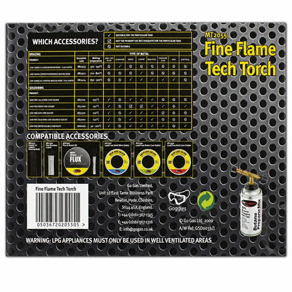 GoSystem Fine Flame Tech Torch MT2055 back packaging with specifications