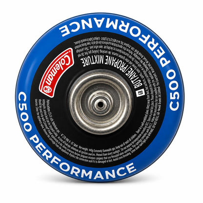 Top view of Coleman Performance Gas C500 cylinder showing valve