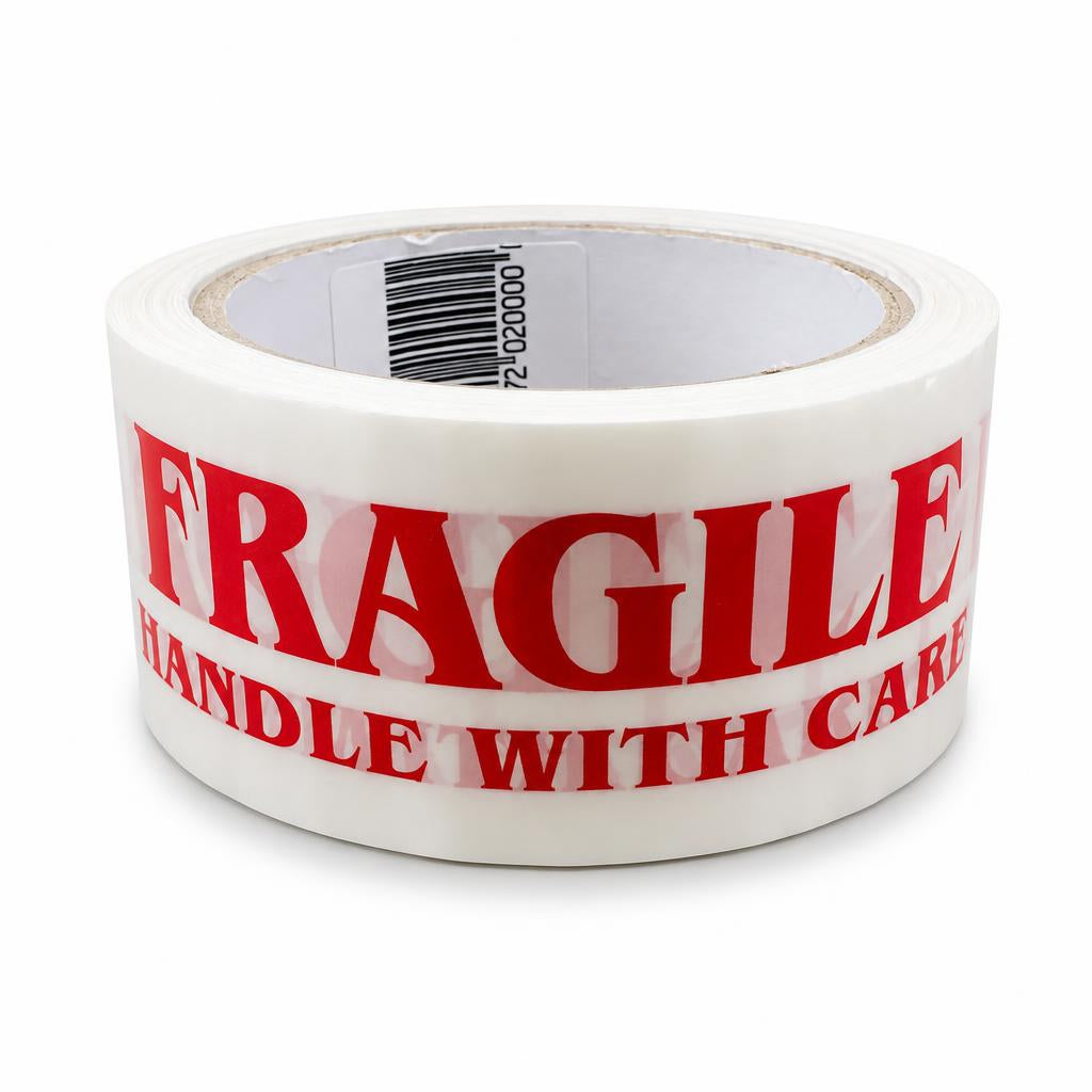 Roll of Fragile Handle With Care Tape on a cardboard box