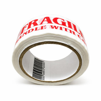 Side view of Fragile Handle With Care Tape roll showing barcode