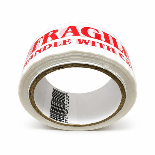 Side view of Fragile Handle With Care Tape roll showing barcode