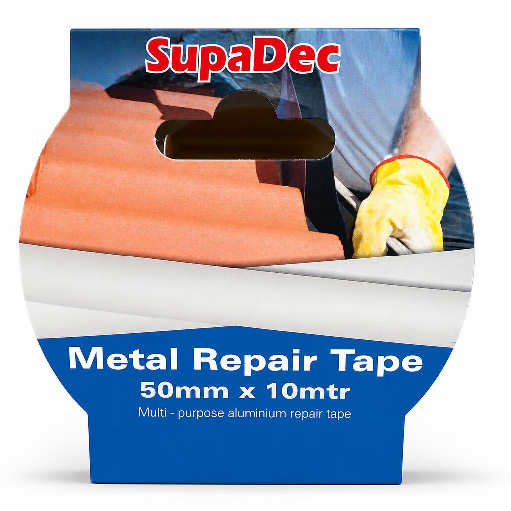 Close-up of SupaDec Metal Repair Tape packaging with label.