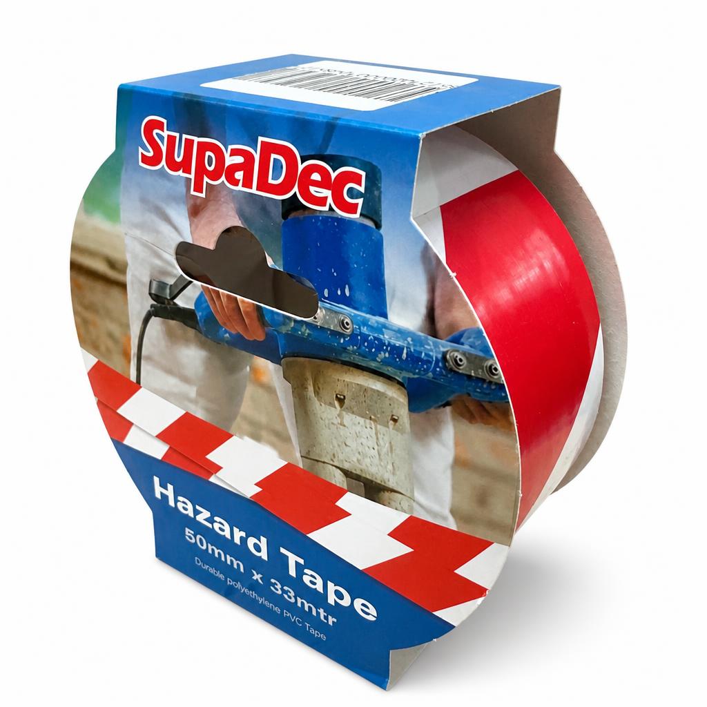SupaDec Hazard Tape in packaging with red and white stripes