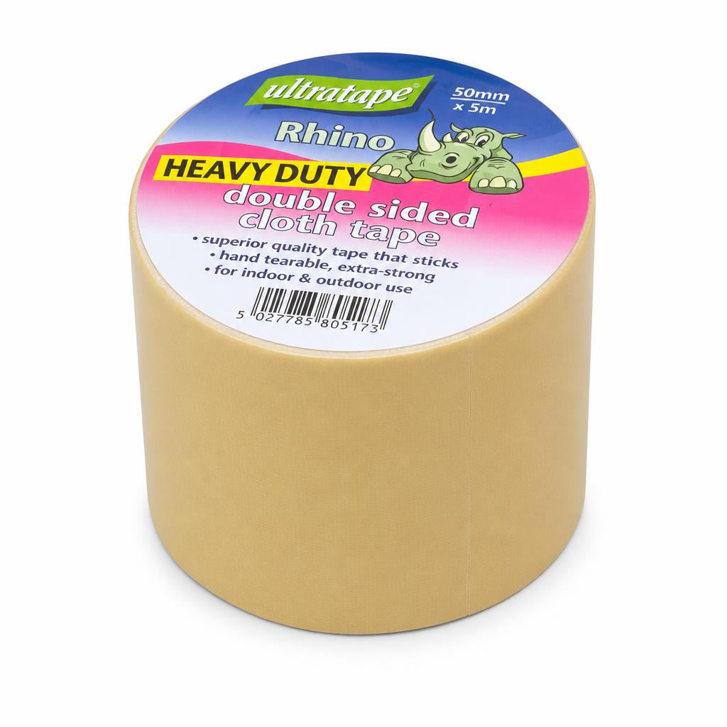 Roll of Rhino Heavy Duty Double Sided Cloth Tape on cardboard surface