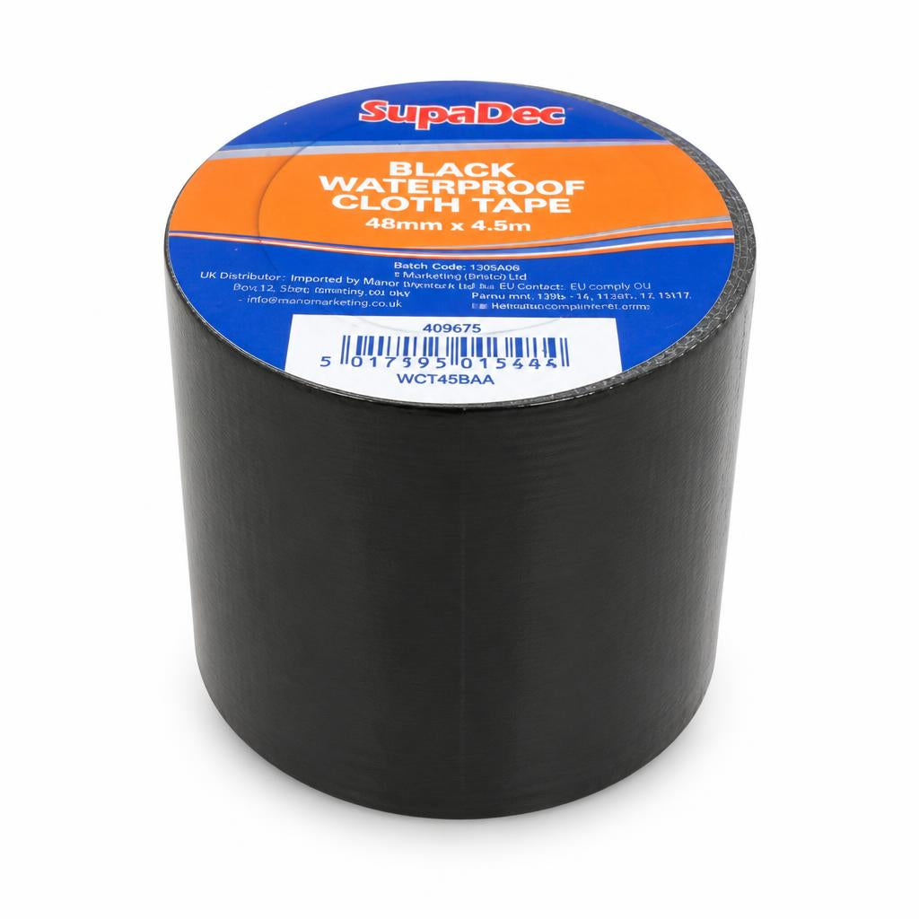 SupaDec Black Waterproof Cloth Tape 48mm x 4.5m packaging