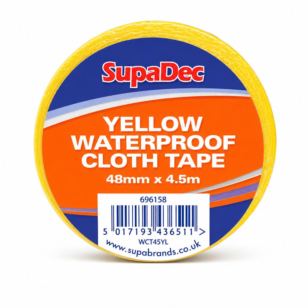 Top view of SupaDec Yellow Waterproof Cloth Tape packaging