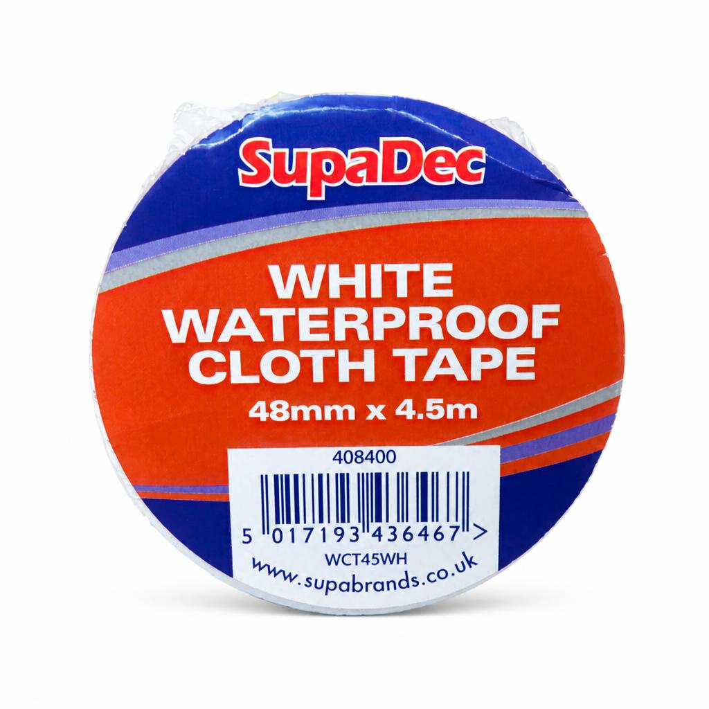 Close-up of SupaDec white waterproof cloth tape and barcode