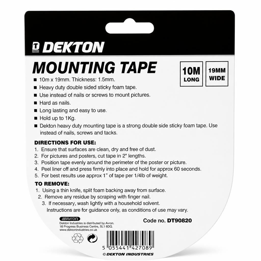 Dekton Mounting Tape Heavy Duty 10m Packaging Back