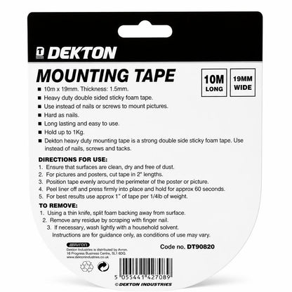 Dekton Mounting Tape Heavy Duty 10m Packaging Back
