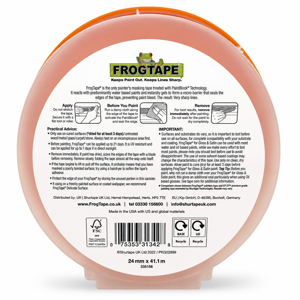 Back of FrogTape Gloss & Satin Painter's Masking Tape showing instructions