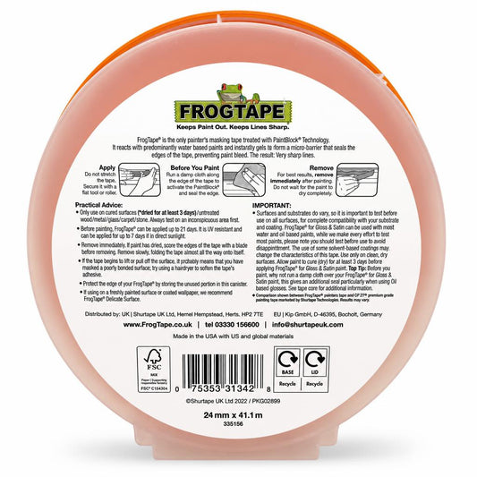 Back of FrogTape Gloss & Satin Painter's Masking Tape showing instructions