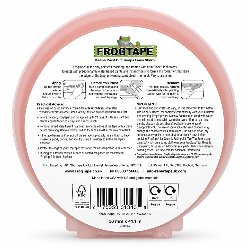 Back packaging of FrogTape Painter's Masking Tape