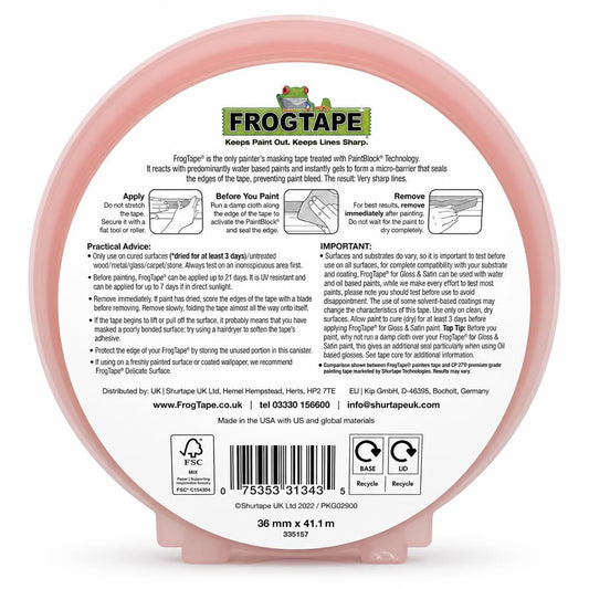 Back packaging of FrogTape Painter's Masking Tape