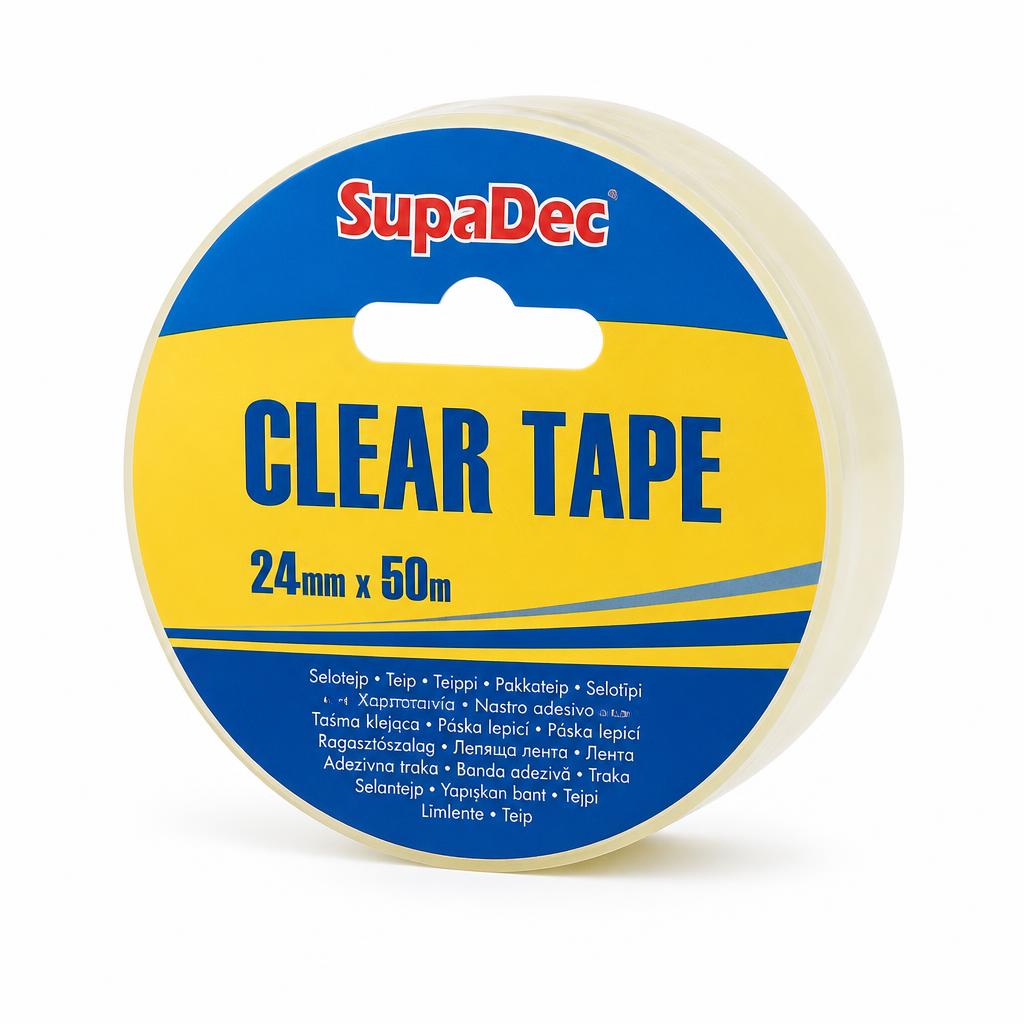SupaDec Clear Tape roll on cardboard background