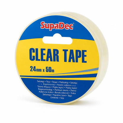 SupaDec Clear Tape roll on cardboard background