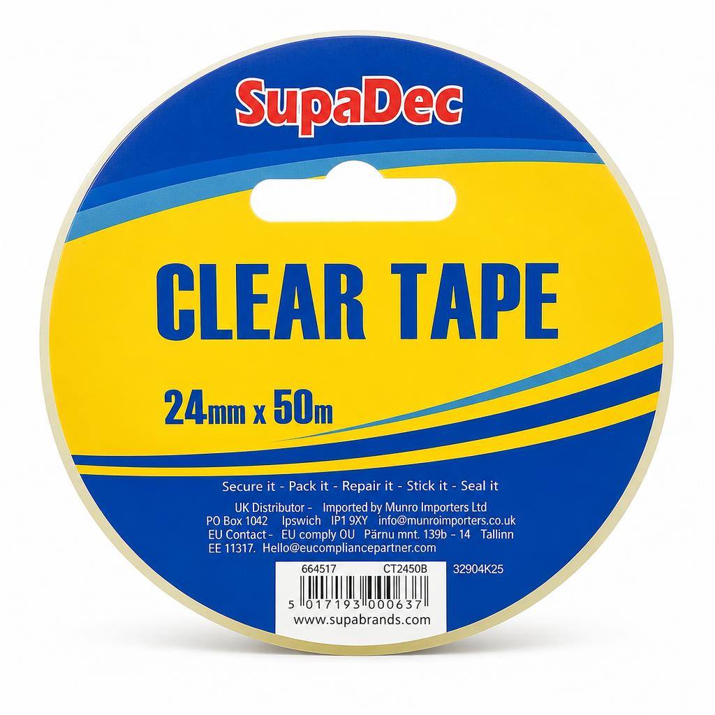 Close-up of SupaDec Clear Tape packaging with details