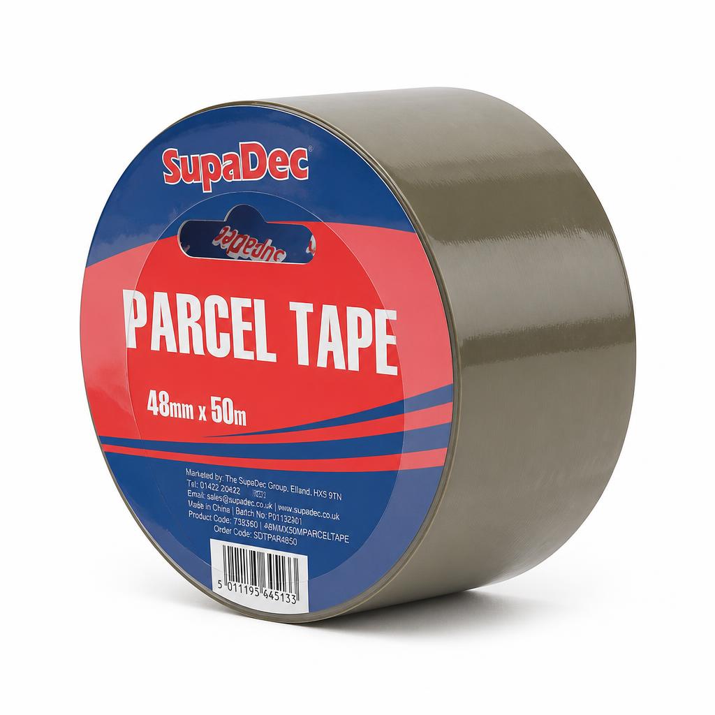 SupaDec Parcel Tape roll on cardboard surface