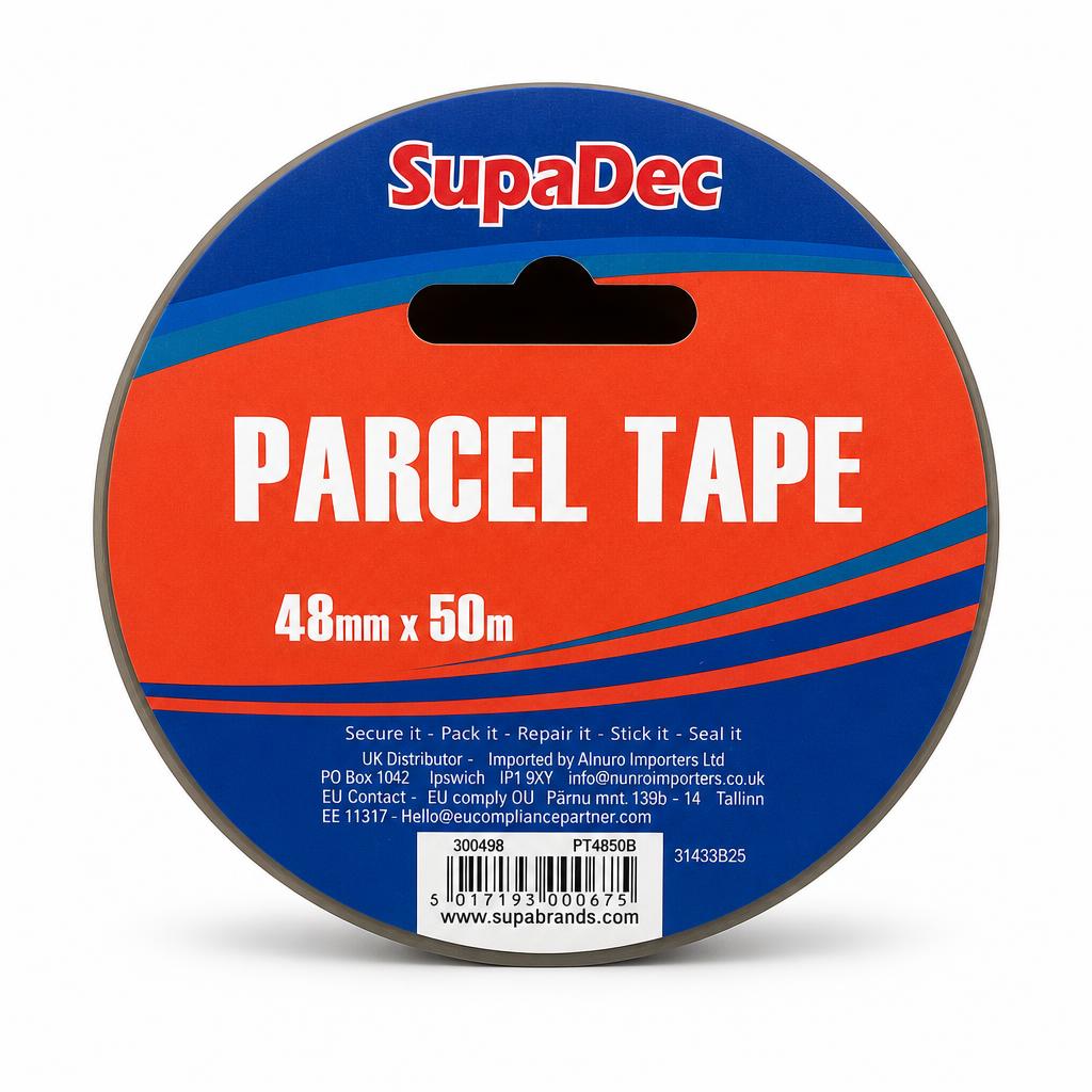 Close-up of SupaDec Parcel Tape label showing dimensions