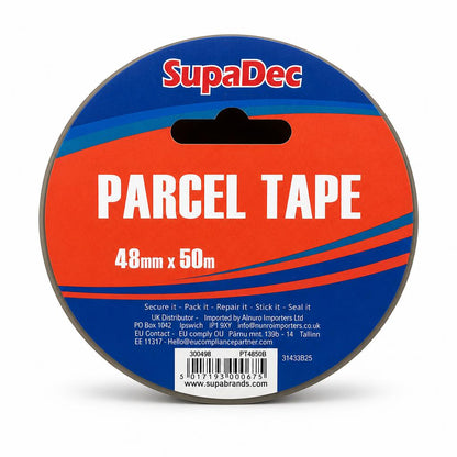 Close-up of SupaDec Parcel Tape label showing dimensions