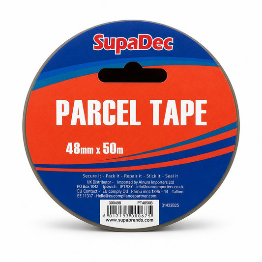 Close-up of SupaDec Parcel Tape label showing dimensions