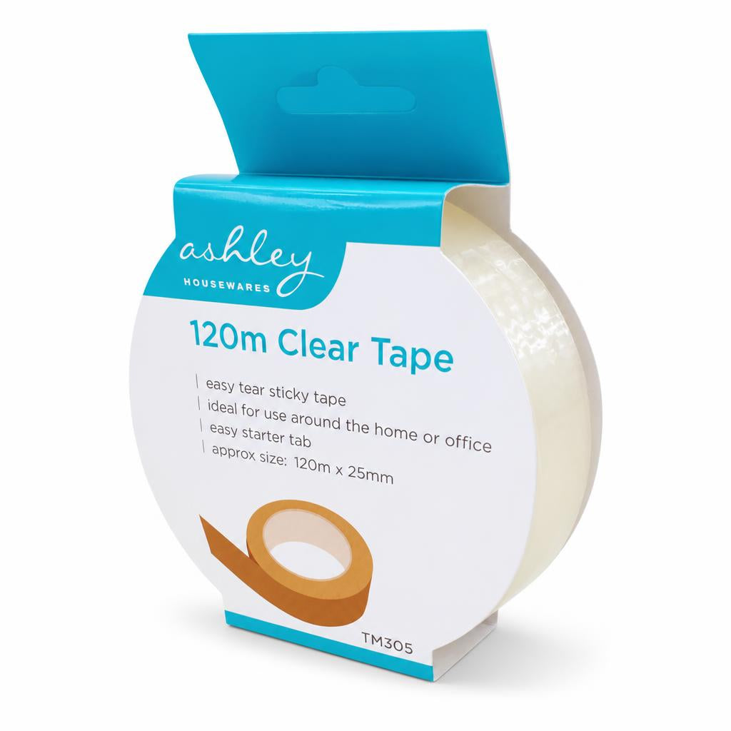 Ashley Housewares 120m clear tape packaging on cardboard