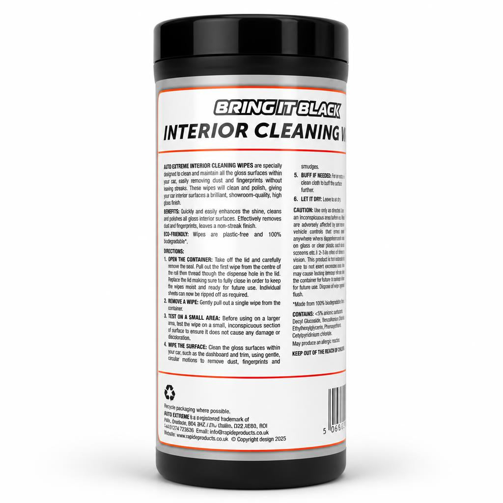 Back view of Auto Extreme Interior Cleaning Wipes packaging with instructions