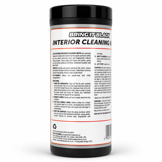 Back view of Auto Extreme Interior Cleaning Wipes packaging with instructions