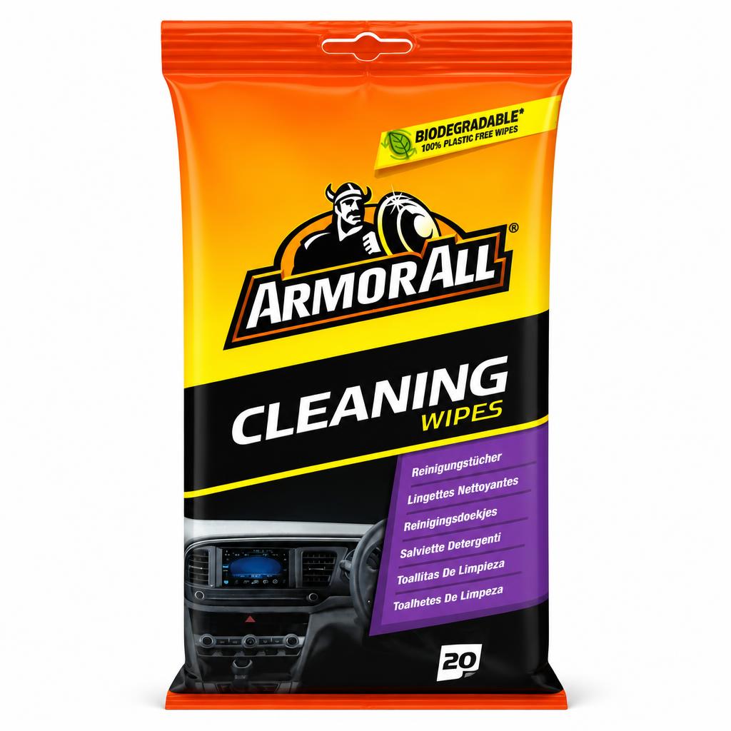 Front packaging of Armor All Cleaning Wipes showing biodegradable feature and car interior image.