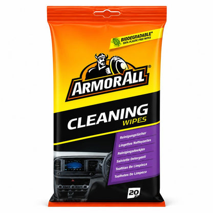 Front packaging of Armor All Cleaning Wipes showing biodegradable feature and car interior image.