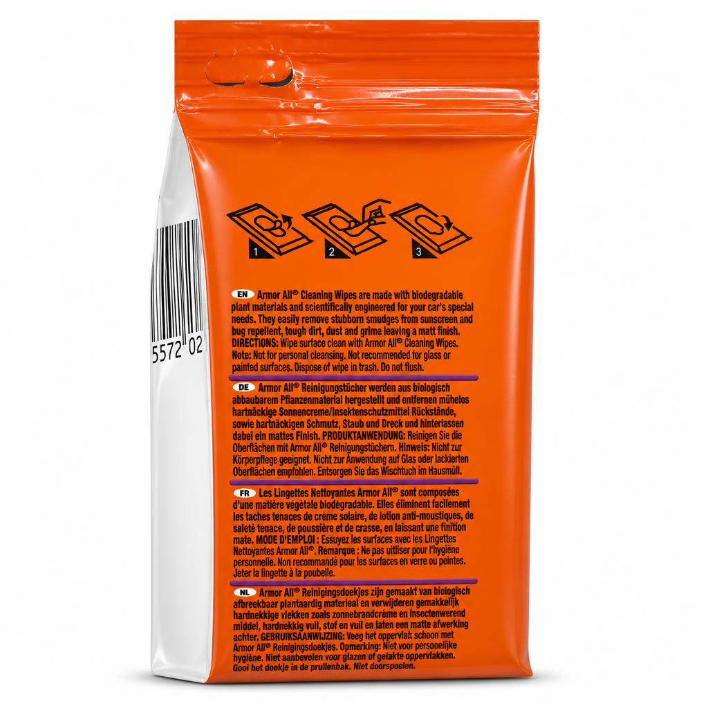 Back packaging of Armor All Cleaning Wipes displaying usage instructions and ingredients list.