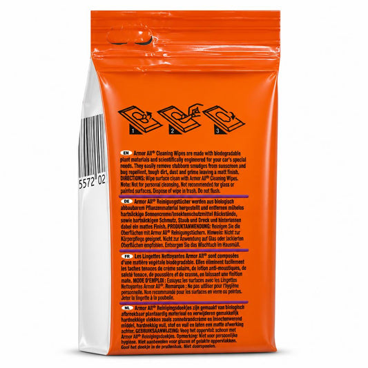 Back packaging of Armor All Cleaning Wipes displaying usage instructions and ingredients list.