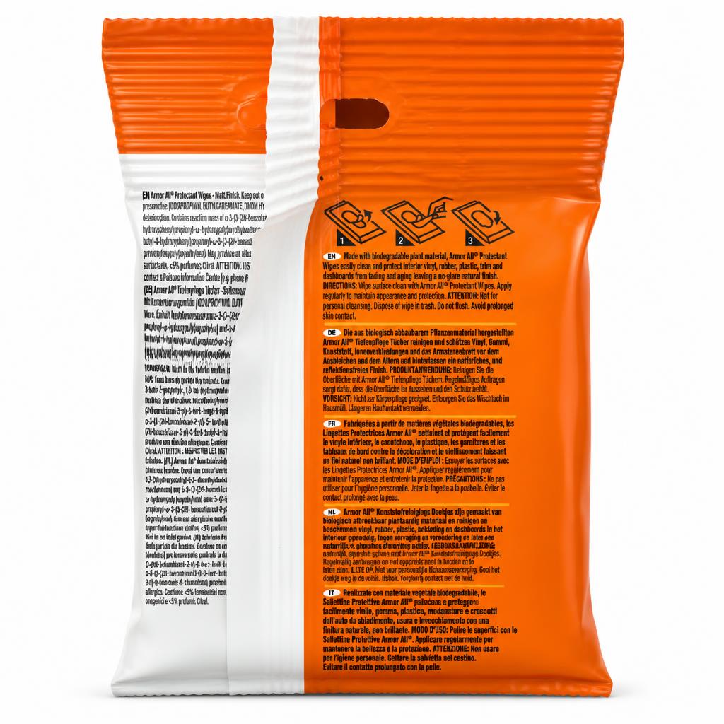 Armor All Protectant Wipes instructions and details back packaging